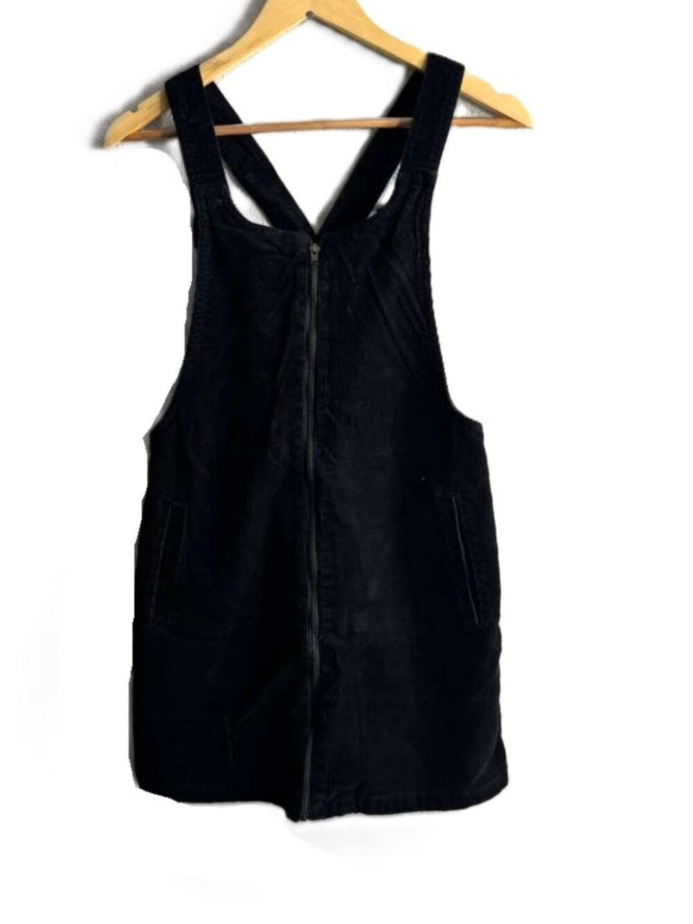 Forever 21 Black Corduroy Pinafore Jumper Mini Dress Overall Full Zip Front Y2K